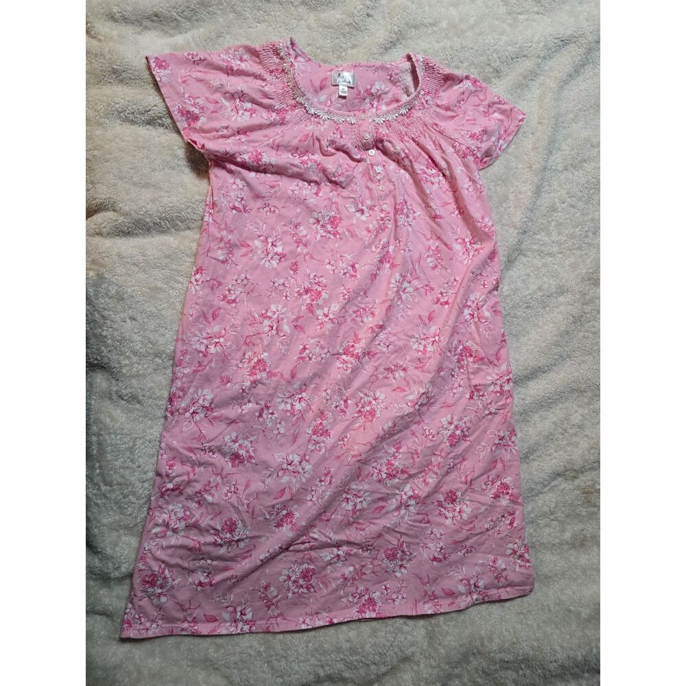 Aria Collection 100% Cotton Pink Floral Lace Trim Smocked Nightgown Medium M